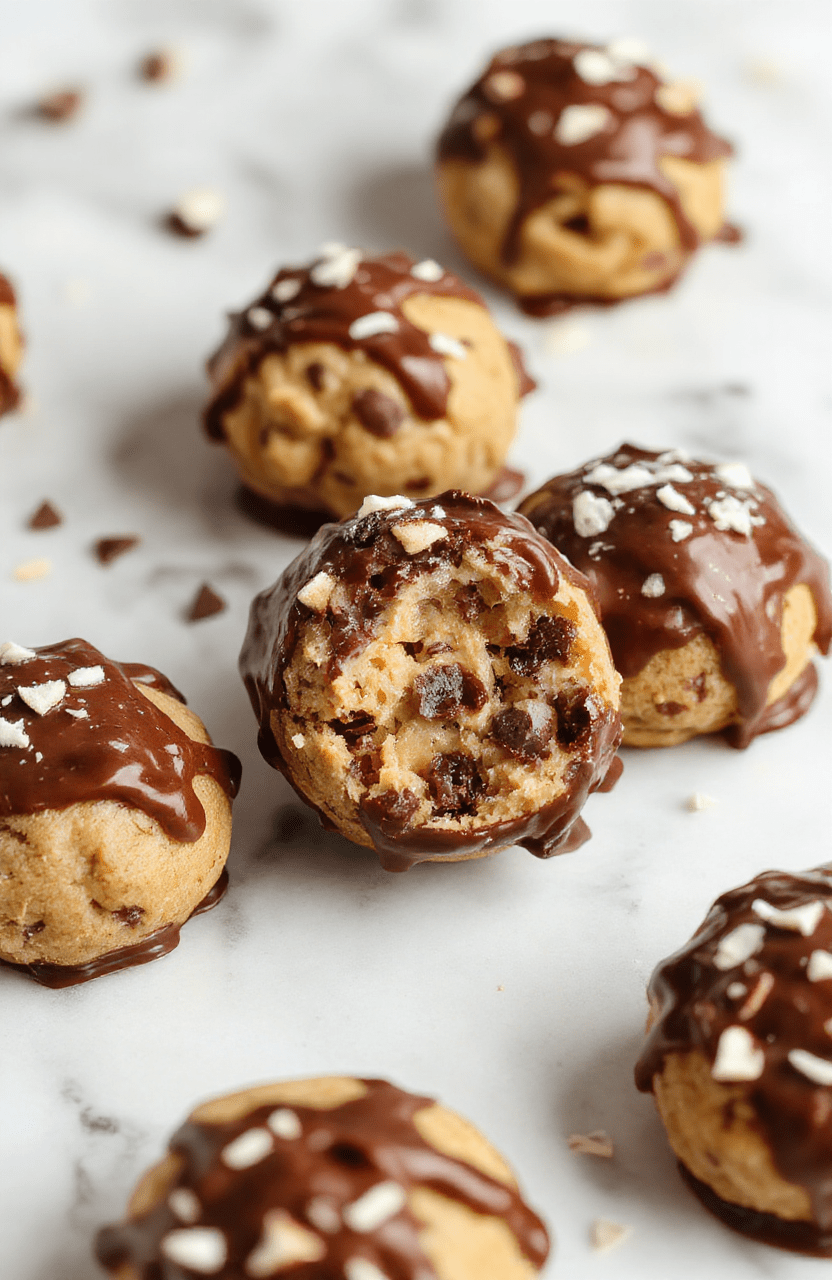 A plate of glossy chocolate coated cookie dough truffles sits on a light wood board, dusted with cocoa, with a few uncoated balls showing creamy centers, surrounded by scattered chocolate chips and a drizzle of melted chocolate; warm, inviting lighting and a minimalist white backdrop.